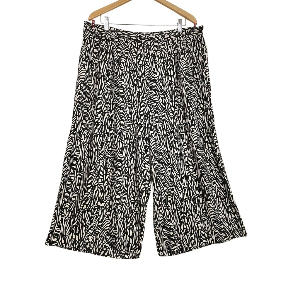 FatFace Size 16 Wide Leg Cropped Culotte Pants Black Ivory Abstract Print India